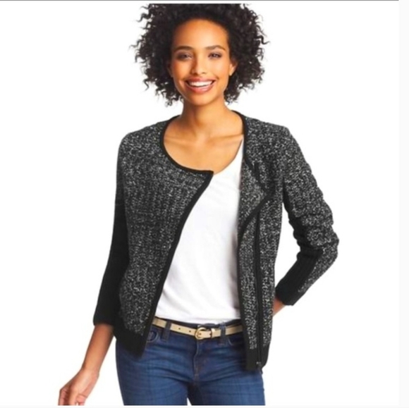 Loft Marled Black Tweed Knit Moto Jacket Sweater Embellished Spring Mobwife - Picture 3 of 15